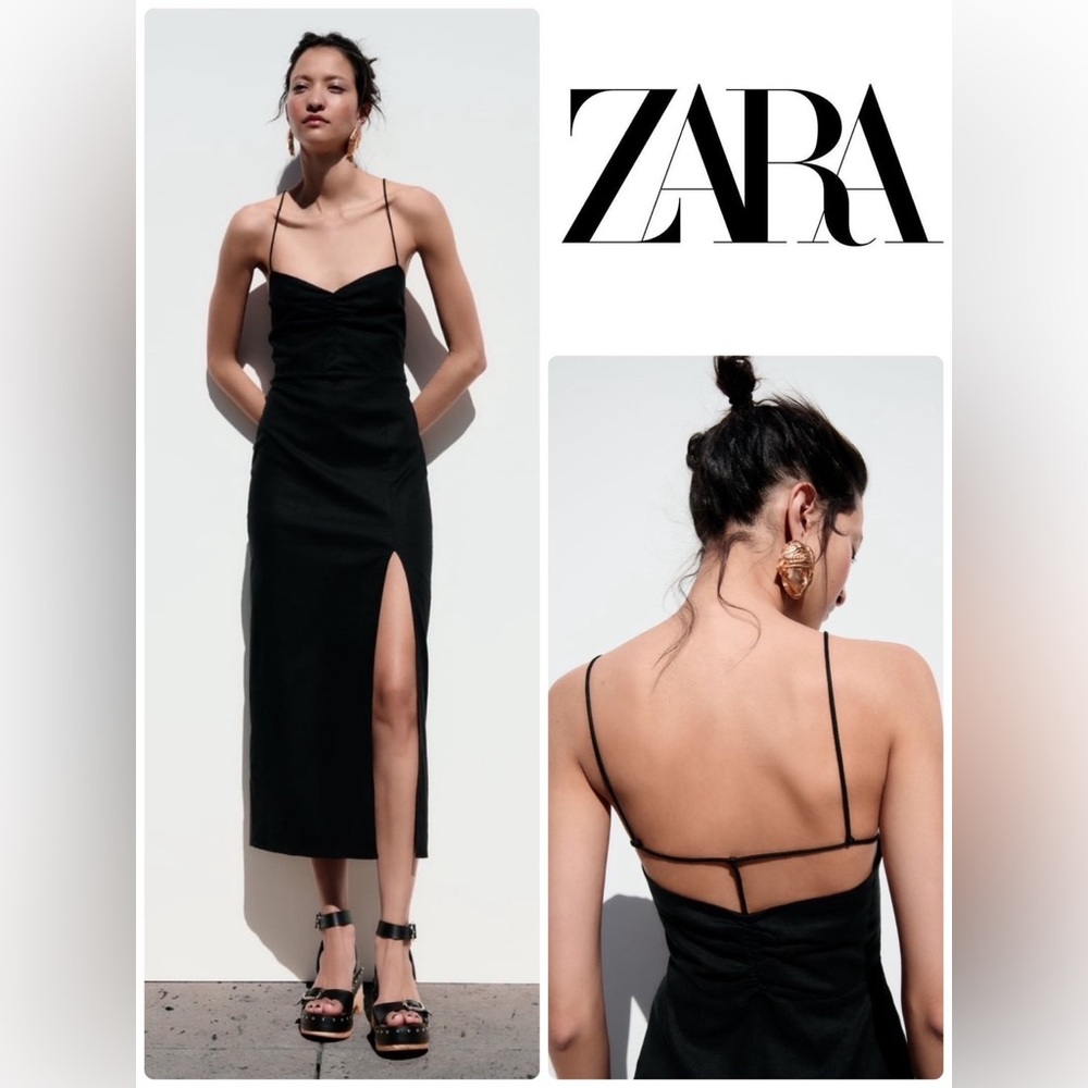ZARA | Linen Blend Midi Dress Black XS